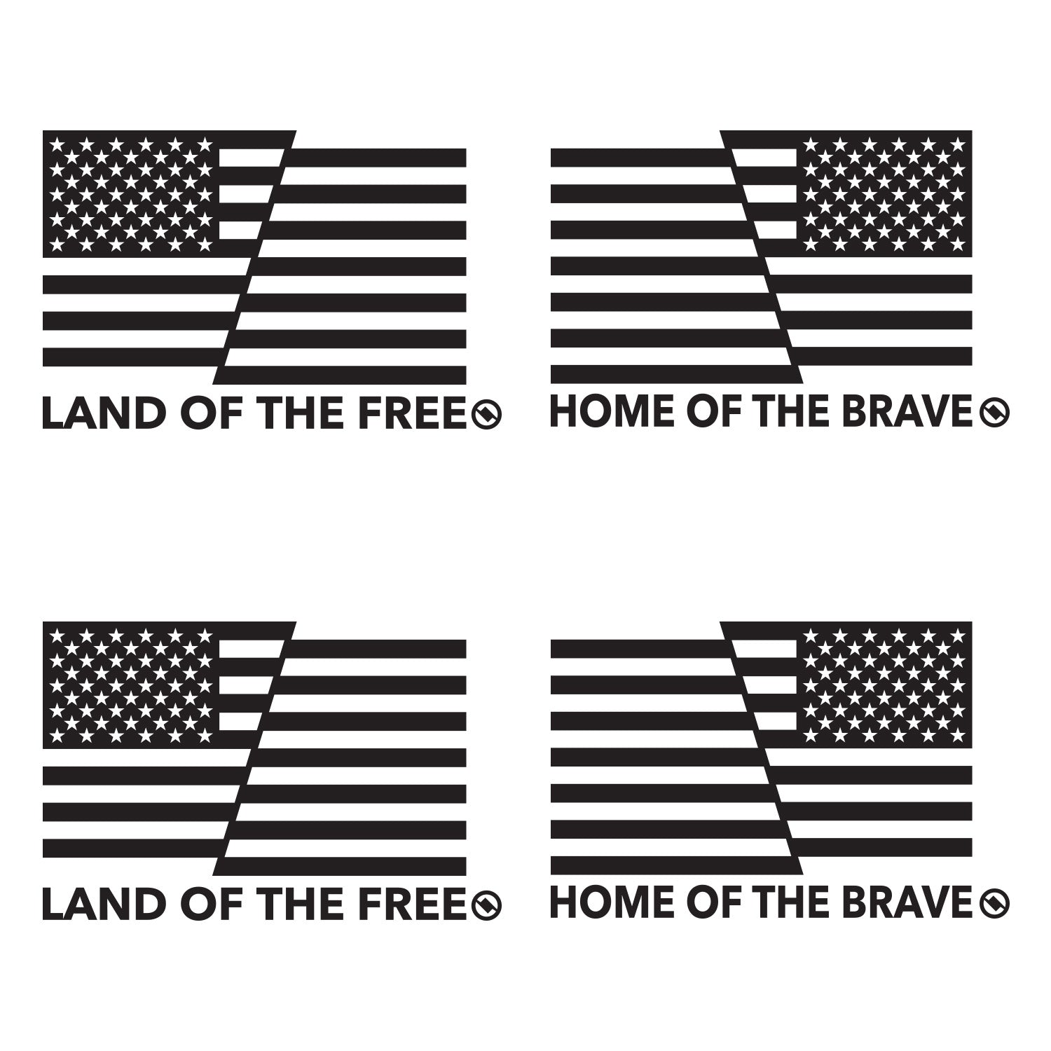 2 Pairs of Black American flag decals with 'Land of the Free' and 'Home of the Brave' text.