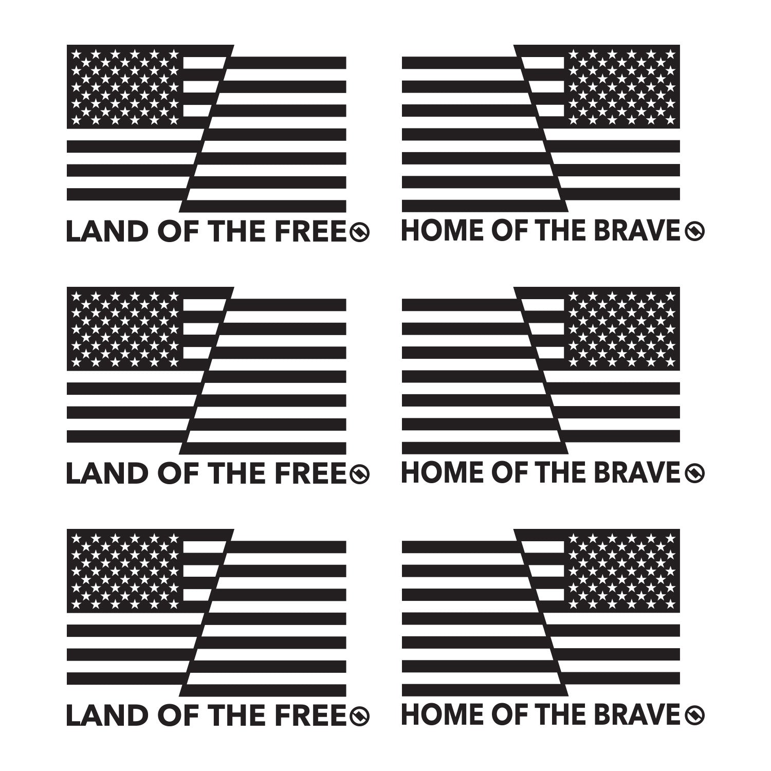 3 Pairs of Black American flag decals with 'Land of the Free' and 'Home of the Brave' text.